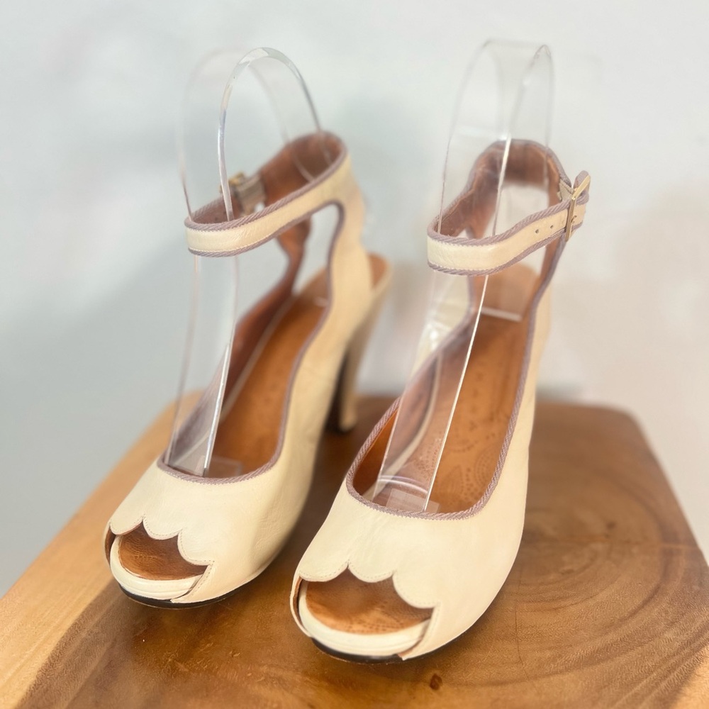 CHIE MIHARA “Bessy” Ivory Cream Platform Ankle Strap Peep Toe High Heels 38.5 - Picture 5 of 16